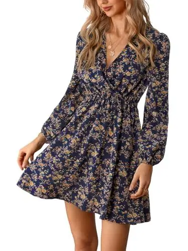Produktbild: CUPSHE Damen Kleid V Ausschnitt Wickeloptik Langarm Blumenmuster A Linien Freizeitkleider Chiffon Wrap Mini Dress Mehrfarbig XL