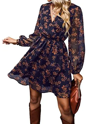 Produktbild: CUPSHE Damen Kleid Wickeloptik V Ausschnitt Langarm Chiffon Blumenmuster Freizeitkleider Wickelkleid Party Mini Dress Navy Floral M
