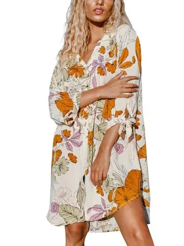 Produktbild: CUPSHE Damen Kleider V Ausschnitt 3/4 Ärmel Blumenmuster Blusenkleid Sommerkleid Strand Bikini Cover Up Hemd Shirt Dress Blumen L