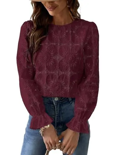 Produktbild: CUPSHE Damen Langarm Bluse aus Lochstickerei mit Blumenmuster, Elegantes Rundhals Damen Oberteil mit Puffärmeln, Bordeauxrot, M