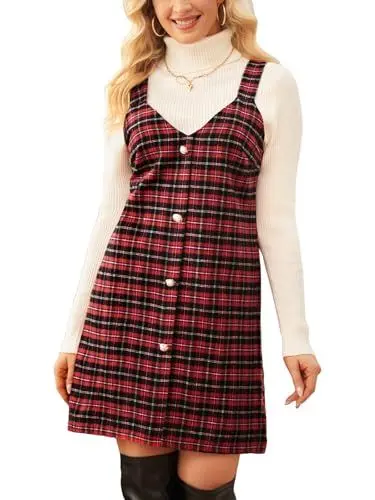 Produktbild: CUPSHE Damen Latzkleid Kariert Ärmellos Herbst V Ausschnitt Latzrock Hosenträger Knöpfe Freizeitkleider Mini Dress Rot M
