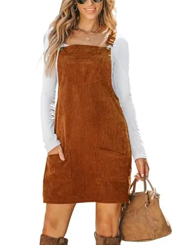 Produktbild: CUPSHE Damen Latzrock Quadratischer Ausschnitt Hosenträger Taschen Cord Latzkleid Overallkleid Freizeitkleider Corduroy Mini Dress Braun L