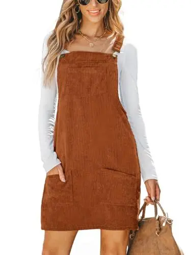Produktbild: CUPSHE Damen Latzrock Quadratischer Ausschnitt Hosenträger Taschen Cord Latzkleid Overallkleid Freizeitkleider Corduroy Mini Dress Braun M