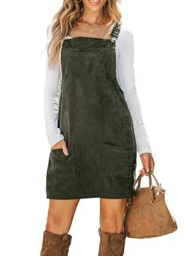 Produktbild: CUPSHE Damen Latzrock Quadratischer Ausschnitt Taschen Cord Latzkleid Overallkleid Freizeitkleider Corduroy Mini Dress Olivgrün L