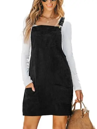 Produktbild: CUPSHE Damen Latzrock Quadratischer Ausschnitt Taschen Cord Latzkleid Overallkleid Freizeitkleider Corduroy Mini Dress Schwarz XL
