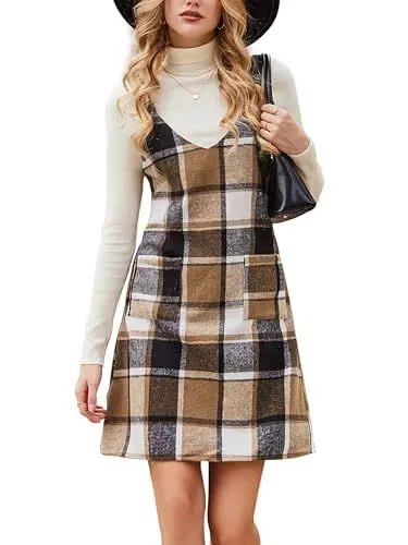 Produktbild: CUPSHE Damen Latzrock V Ausschnitt Hosenträger Taschen Karomuster A Linie Latzkleid Overallkleid Freizeitkleider Plaid Mini Dress Khaki Karo M
