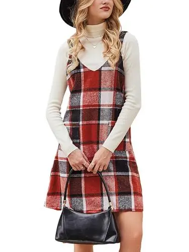 Produktbild: CUPSHE Damen Latzrock V Ausschnitt Taschen Karomuster A Linie Latzkleid Overallkleid Freizeitkleider Plaid Mini Dress Rot kariert L