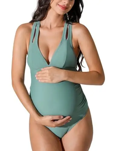 Produktbild: CUPSHE Damen Maternity Badeanzug V Ausschnitt Cutouts Träger Tiefer rücken Lace Up Einteilige Umstandsbademode Swimsuit Schiefergrün XL