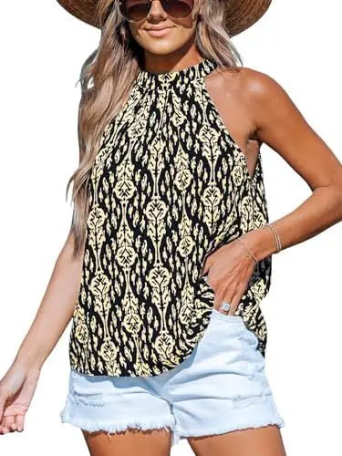 Produktbild: CUPSHE Damen Neckholder Tank Top Stehkragen Ärmellos Shirt Ethno Muster Schulterfreies Oberteil Sommer Elegant Tunika Bluse Tops Schwarz/Ethno Look S