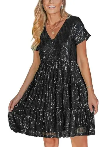 Produktbild: CUPSHE Damen Pailletten Kleid V Ausschnitt Kurzarm Glitzer A Linie Swing Partykleid Rüschen Knielang Festliche Kleider Sequin Dress Schwarz L