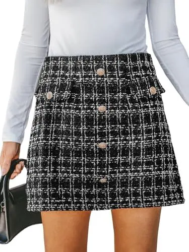 Produktbild: CUPSHE Damen Rock Hoher Bund Knöpfen Tweed Karo Minirock High Waist Kurz Karierter Freizeitrock Elegant Mini Short Skirt Schwarz L