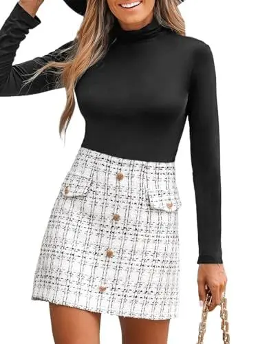 Produktbild: CUPSHE Damen Rock Hoher Bund Knöpfen Tweed Karo Minirock High Waist Kurz Karierter Freizeitrock Elegant Mini Short Skirt Weiß XS