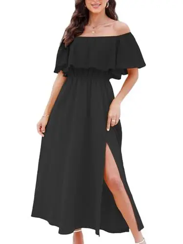Produktbild: CUPSHE Damen Rüschen Blumen Strandkleid Schulterfrei Kurzarm Volant Mieder Schlitz Saum Maxi Sommerkleider, Schwarz, X-Groß