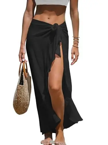 Produktbild: CUPSHE Damen Sarong Pareo High Waist Schnürung Rüschensaum Lang Strandtuch Sommer Bikini Cover Up Strandrock Schwarz OneSize