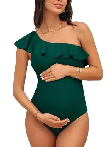 Produktbild: CUPSHE Damen Schwangerschafts Badeanzug One Shoulder Volants Abnehmbare Träger Asymmetrische Einteilige Umstandsbademode Swimsuit Smaragdgrün XL