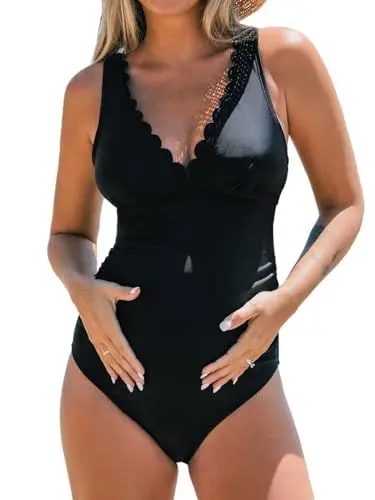 Produktbild: CUPSHE Damen Schwangerschafts Badeanzug V Ausschnitt Wellenkante Schnürung rücken Einteilige Umstandsbademode Swimsuit Schwarz L