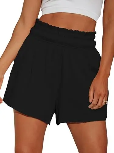 Produktbild: CUPSHE Damen Shorts Baumwolle Sommer Kurze Hose Musselin High Waist Elastischer Bund Lässige Stoff Sport Shorts, Schwarz, M