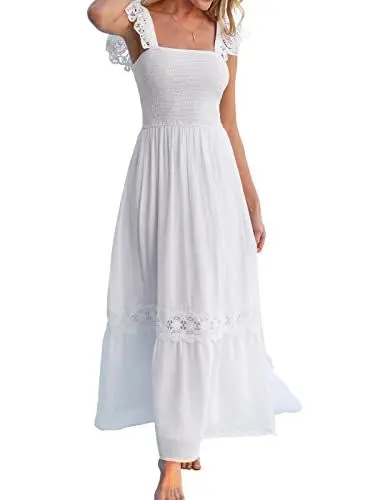 Produktbild: CUPSHE Damen Sommerkleid Quadratischer Ausschnitt Ärmellos Floral Spitze Trägerkleid Cocktailkleid Gesmokte Freizeitkleider Party Elegant Cami Dress Weiß L