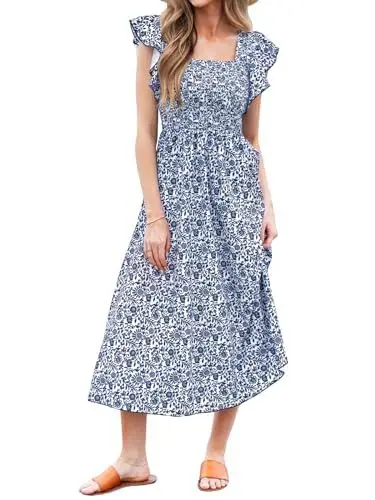Produktbild: CUPSHE Damen Sommerkleid Quadratischer Ausschnitt Flatterärmel Blumenmuster A Linie Gesmoktes Strandkleid Freizeitkleider Milkmaid Dress Blaues Blumenmuster S