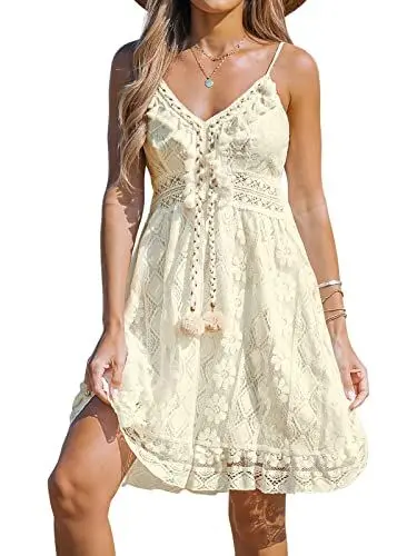Produktbild: CUPSHE Damen Sommerkleid V Ausschnitt Floral Spitze Quasten Spaghetti Trägerkleid Freizeitkleider Boho Sommer Beach Mini Dress Beige S