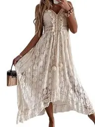 Produktbild: CUPSHE Damen Sommerkleid V Ausschnitt Floral Spitze Quasten Spaghetti Trägerkleid Freizeitkleider Hi-Low Party Boho Beach Maxi Dress Beige M