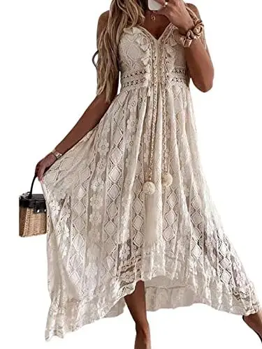 Produktbild: CUPSHE Damen Sommerkleid V Ausschnitt Floral Spitze Quasten Spaghetti Trägerkleid Freizeitkleider Hi-Low Party Boho Beach Maxi Dress Beige M
