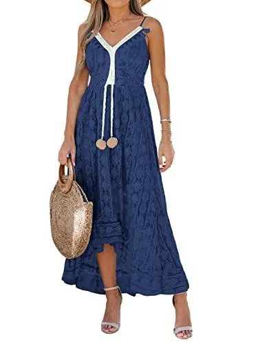Produktbild: CUPSHE Damen Sommerkleid V Ausschnitt Floral Spitze Quasten Spaghetti Trägerkleid Freizeitkleider High Low Party Boho Beach Maxi Dress Königsblau XL