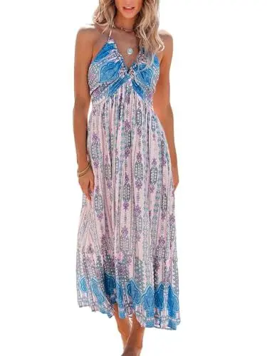 Produktbild: CUPSHE Damen Sommerkleid V Ausschnitt Neckholder Ärmellos Volants Lang Freizeitkleider Backless Smocked Maxi Beach Dress Paisley Rosa Blau L