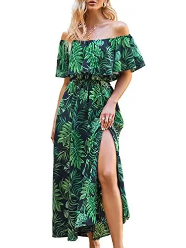 Produktbild: CUPSHE Damen Sommerkleid Volants Schulterfreies Kleid Beinschlitz Tropical Print Freizeitkleider Beach Off Shoulder Maxi Dress Grün L