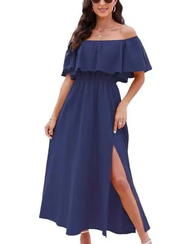 Produktbild: CUPSHE Damen Sommerkleid Volants Schulterfreies Kleid Strandkleid Beinschlitz Luftig A Linie Freizeitkleider Beach Off Shoulder Maxi Dress Marineblau M