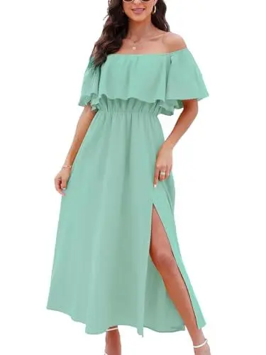 Produktbild: CUPSHE Damen Sommerkleid Volants Schulterfreies Kleid Strandkleid Beinschlitz Luftig A Linie Freizeitkleider Beach Off Shoulder Maxi Dress Minze S