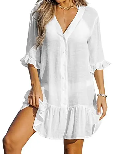 Produktbild: CUPSHE Damen Strandkleid Bikini Cover Up V Ausschnitt Knöpfen Rüschensaum Freizeitkleider Sommer Beach Mini Dress Weiß L