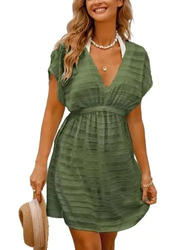 Produktbild: CUPSHE Damen Strandkleid Bikini Cover Up V Ausschnitt Kurzarm Seitenschlitz Streifenmuster Sommer Strandponcho Beach Mini Dress Jägergrün L