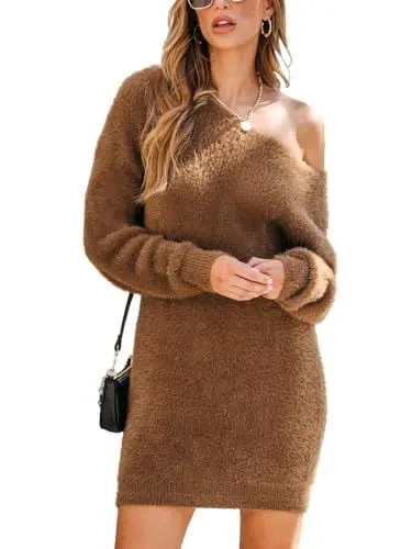 Produktbild: CUPSHE Damen Strickkleid Pullikleid One Shoulder Langarm Flauschiger Kuscheliger Longpullover Feinstrick Schulterfrei Pulloverkleid Braun XL