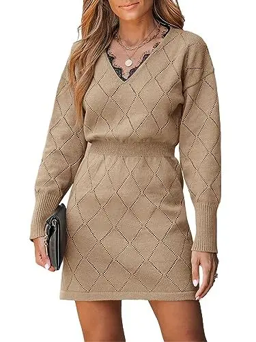 Produktbild: CUPSHE Damen Strickkleid Pullikleid V Ausschnitt Spitzeneinsatz Langarm Pointelle Feinstrick Pulloverkleid Knit Sweater Mini Dress Braun S