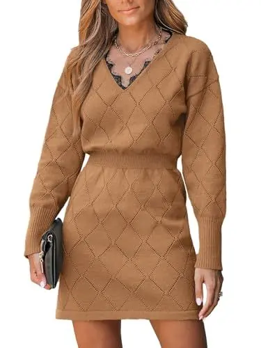 Produktbild: CUPSHE Damen Strickkleid Pullikleid V Ausschnitt Spitzeneinsatz Langarm Rautenmuster Feinstrick Pulloverkleid Pointelle Knit Sweater Mini Dress Dunkelbraun S