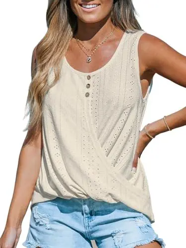 Produktbild: CUPSHE Damen Tank Top Rundhals Ärmellose Wickelsaum Sommer Elegant Oberteile Tunika Shirt Blusen Tops Weiß S