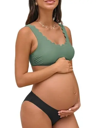 Produktbild: CUPSHE Damen Umstandsbadeanzug Bikini Set U Ausschnitt Wellenkante Low Waist Bikini Einteilige Umstandsbademode Swimsuit Olivgrün/Schwarz S