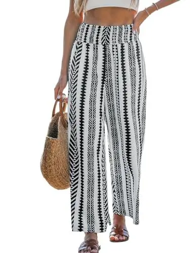 Produktbild: CUPSHE Damenhose, gesmokte Taille, gerades weites Bein, leger, Sommer, Strand, leichte Hose, schwarz / weiß, M