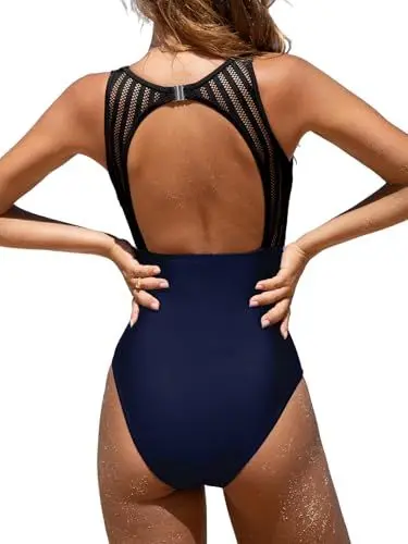 Produktbild: CUPSHE Damen Badeanzug High Neck Bauchweg Raffung Netzstoff Rückenfrei Elegant Einteilige Bademode Swimsuit Marineblau M
