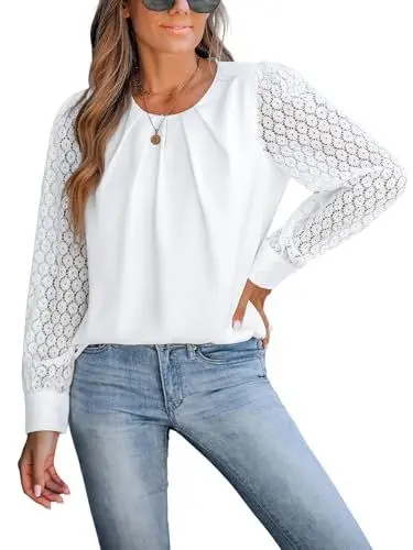 Produktbild: CUPSHE Falten Rundhals Spitzenärmel Damenbluse, Elegante und Lässige Langarm Bluse für Damen, Weiß,L