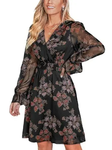 Produktbild: CUPSHE Herbstkleider für Damen, V-Ausschnitt, lange Ärmel, Blumenmuster, trendig, A-Linie, fließendes Minikleid, Schwarz, floral, Groß