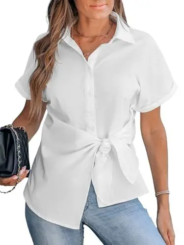 Produktbild: CUPSHE Kragen Twist Damen Kurzarm Oberteil, Asymmetrischer Saum Elegante Damen Bluse, Weiß,M