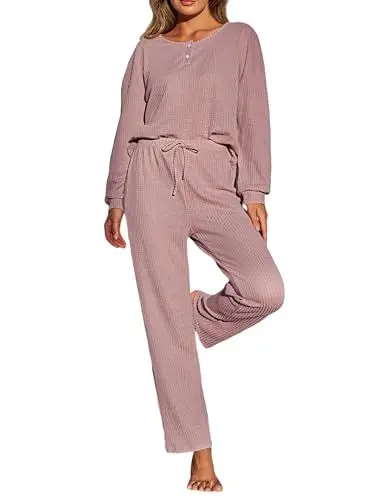 Produktbild: CUPSHE Schlafanzug für Damen, Waffelmuster, gerippt, langärmelig, Oberteil und Hose, Trainingsanzug, Loungewear, Nachtwäsche, rose, L