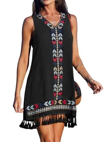 Produktbild: CUPSHE Sommer-Minikleid für Damen, V-Ausschnitt, ärmellos, Quaste, Retro, Boho, bestickt, Tunika, Tanktop, lässiges Kleid, Schwarz , S