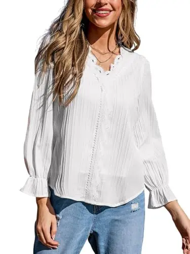 Produktbild: CUPSHE Spitzen-Puffärmel-Rüschen Bluse, Elegantes Langarm-V-Ausschnitt Damenoberteil, Weiß,S