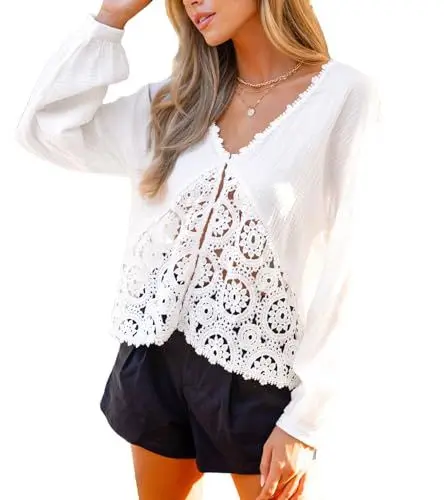 Produktbild: CUPSHE V-Ausschnitt Spitze Lange Puffärmel Top für Frauen Gewebt Aushöhlen Ballonärmel Lose Damen Tops Weiß, weiß, M