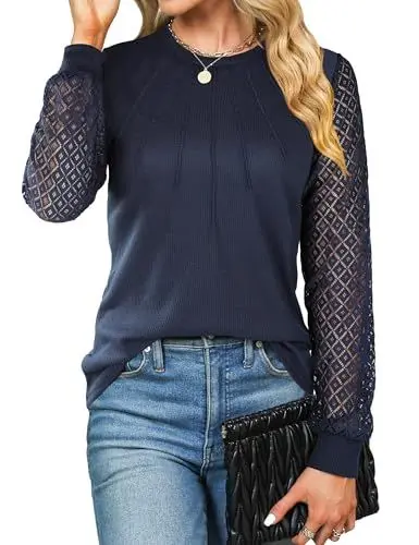 Produktbild: Cuptacc Damen Langarmshirt Rundhals Waffelstrick Top Mit Spitze Ärmel Einfarbig Lässig Tunic Blouse Leicht Dunkelblau, XL 46-48