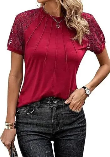 Produktbild: Cuptacc Bluse Damen Sommer Kurzarm Rundhals Lace Tunics T-Shirt Mit Falten Top Cotton Bluse Luftig Wein Rot, Klein S 36