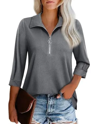 Produktbild: Cuptacc Bluse Damen V-Ausschnitt Business 3/4 Kurz Ärmel Tunika Mode Half Zip Design Langshirt Hemd Tops Henley Shirt Herbst Morandi Gray XL 46-48